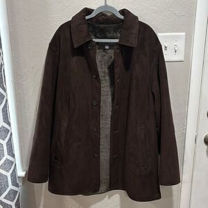 Perry Ellis Mens Brown Faux Suede Button Up Jacket Faux Fur Lined Coat Size XL